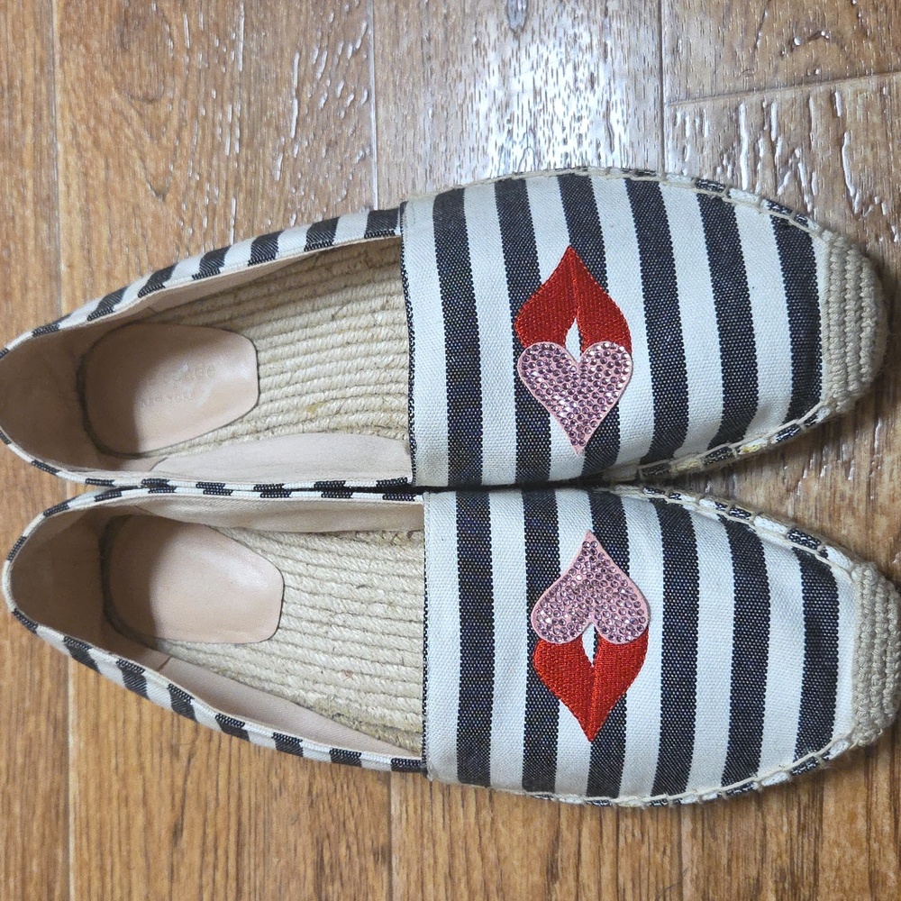 Kate Spade Black and White Striped Espadrilles with Red and Pink Heart Lips